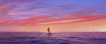 Movie still from “Moana” (2016), directed by Chris Williams – A sailboat sailing on the open ocean at sunset; Extreme Wide shot, Low angle
