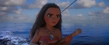 Movie still from “Moana” (2016), directed by Chris Williams – A young girl holding onto a rope; Close Up shot, Low angle