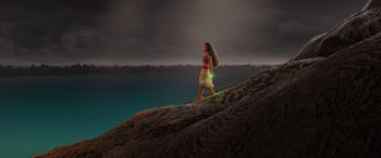 Movie still from “Moana” (2016), directed by Chris Williams – A woman is walking on a hill near the ocean; Extreme Wide shot, High angle