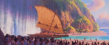 Movie still from “Moana” (2016), directed by Chris Williams – A crowd of people standing on a beach next to a boat; Extreme Wide shot, High angle