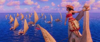 Movie still from “Moana” (2016), directed by Chris Williams – An image of a woman looking out at a boat race in the ocean; Extreme Wide shot, High angle