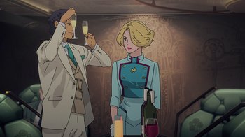 Movie still from “Mobile Suit Gundam: Hathaway” (2021), directed by Shûkô Murase – A man and a woman are standing in a room; Medium shot, Over the shoulder angle