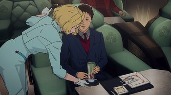 Movie still from “Mobile Suit Gundam: Hathaway” (2021), directed by Shûkô Murase – A man and a woman sitting at a table with a drink; Medium shot, High angle