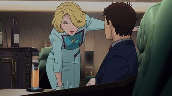 Movie still from “Mobile Suit Gundam: Hathaway” (2021), directed by Shûkô Murase – An animated scene of a man and a woman in a room; Medium shot, Over the shoulder angle