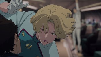 Movie still from “Mobile Suit Gundam: Hathaway” (2021), directed by Shûkô Murase – A person with blond hair; Close Up shot, Low angle