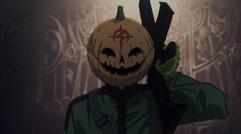 Movie still from “Mobile Suit Gundam: Hathaway” (2021), directed by Shûkô Murase – A person with a pumpkin head holding a gun; Close Up shot, Low angle