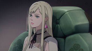Movie still from “Mobile Suit Gundam: Hathaway” (2021), directed by Shûkô Murase – A woman with long blonde hair sitting in a chair; Close Up shot, Over the shoulder angle