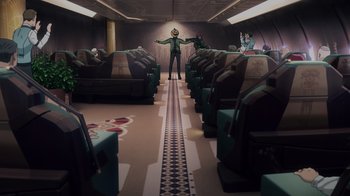 Movie still from “Mobile Suit Gundam: Hathaway” (2021), directed by Shûkô Murase – A man standing in a room next to chairs; Extreme Wide shot, High angle