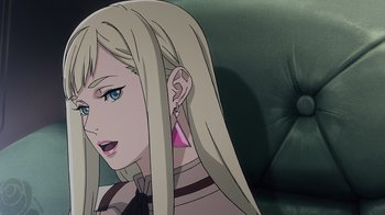 Movie still from “Mobile Suit Gundam: Hathaway” (2021), directed by Shûkô Murase – A woman with long blonde hair and a pink earring; Close Up shot, Over the shoulder angle