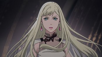Movie still from “Mobile Suit Gundam: Hathaway” (2021), directed by Shûkô Murase – A woman with long blonde hair wearing a white dress; Close Up shot, Low angle