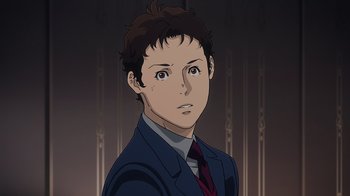 Movie still from “Mobile Suit Gundam: Hathaway” (2021), directed by Shûkô Murase – An animated man in a suit and tie; Close Up shot, High angle