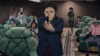 Movie still from “Mobile Suit Gundam: Hathaway” (2021), directed by Shûkô Murase – A man holding a gun in front of a group of people; Medium shot, High angle