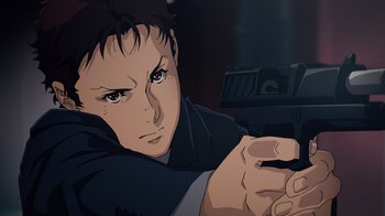 Movie still from “Mobile Suit Gundam: Hathaway” (2021), directed by Shûkô Murase – An animated man holding a gun in his hand; Close Up shot, Low angle