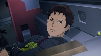 Movie still from “Mobile Suit Gundam: Hathaway” (2021), directed by Shûkô Murase – A man in a suit and tie sitting in a chair; Close Up shot, High angle