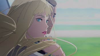 Movie still from “Mobile Suit Gundam: Hathaway” (2021), directed by Shûkô Murase – A woman and a man are standing in a field; Close Up shot, Low angle