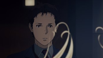 Movie still from “Mobile Suit Gundam: Hathaway” (2021), directed by Shûkô Murase – A man in a suit and tie looking at the camera; Close Up shot, High angle