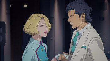 Movie still from “Mobile Suit Gundam: Hathaway” (2021), directed by Shûkô Murase – A man and a woman are standing next to each other; Medium shot, Over the shoulder angle