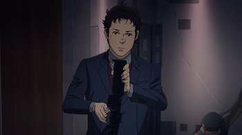 Movie still from “Mobile Suit Gundam: Hathaway” (2021), directed by Shûkô Murase – A man in a suit and tie holding a tie; Medium shot, High angle