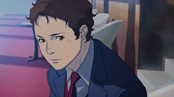 Movie still from “Mobile Suit Gundam: Hathaway” (2021), directed by Shûkô Murase – An animated picture of a man in a suit; Close Up shot, High angle