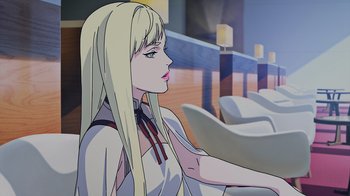 Movie still from “Mobile Suit Gundam: Hathaway” (2021), directed by Shûkô Murase – A woman with long blonde hair sitting in a room; Medium shot, Low angle