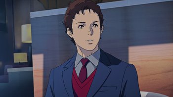 Movie still from “Mobile Suit Gundam: Hathaway” (2021), directed by Shûkô Murase – An animated man in a suit and tie; Close Up shot, High angle