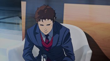 Movie still from “Mobile Suit Gundam: Hathaway” (2021), directed by Shûkô Murase – A man in a blue jacket and red tie; Medium shot, High angle
