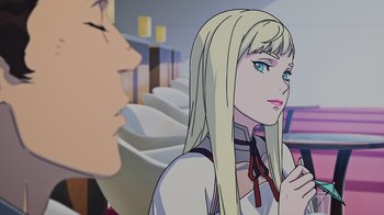 Movie still from “Mobile Suit Gundam: Hathaway” (2021), directed by Shûkô Murase – A woman with long blonde hair is looking at a man; Close Up shot, Over the shoulder angle