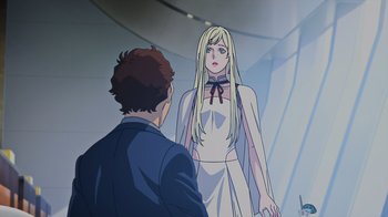 Movie still from “Mobile Suit Gundam: Hathaway” (2021), directed by Shûkô Murase – An animated scene of a man and a woman; Medium shot, Over the shoulder angle