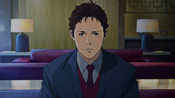 Movie still from “Mobile Suit Gundam: Hathaway” (2021), directed by Shûkô Murase – An animated man in a suit and tie; Close Up shot, High angle