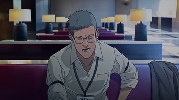 Movie still from “Mobile Suit Gundam: Hathaway” (2021), directed by Shûkô Murase – A man with glasses is sitting on a bench; Medium shot, High angle