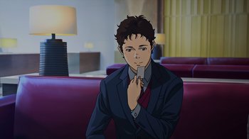 Movie still from “Mobile Suit Gundam: Hathaway” (2021), directed by Shûkô Murase – An animated picture of a man in a suit and red tie; Close Up shot, High angle