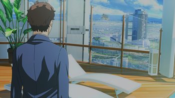 Movie still from “Mobile Suit Gundam: Hathaway” (2021), directed by Shûkô Murase – A man sitting on a chair looking out a window at a city; Wide shot, Over the shoulder angle
