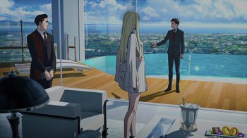Movie still from “Mobile Suit Gundam: Hathaway” (2021), directed by Shûkô Murase – A man and a woman are standing in front of a pool; Wide shot, High angle
