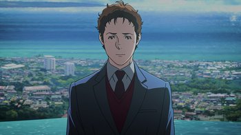 Movie still from “Mobile Suit Gundam: Hathaway” (2021), directed by Shûkô Murase – An animated picture of a man in a suit; Close Up shot, High angle