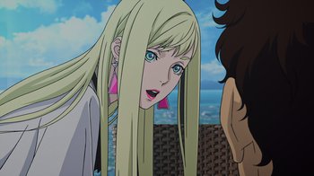 Movie still from “Mobile Suit Gundam: Hathaway” (2021), directed by Shûkô Murase – A woman with long blonde hair is looking at the camera; Close Up shot, Over the shoulder angle