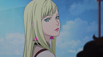 Movie still from “Mobile Suit Gundam: Hathaway” (2021), directed by Shûkô Murase – A woman with long blonde hair is looking at the sky; Close Up shot, Low angle