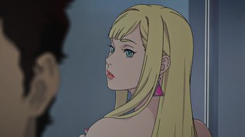 Movie still from “Mobile Suit Gundam: Hathaway” (2021), directed by Shûkô Murase – A woman with long blonde hair and pink earrings; Close Up shot, Over the shoulder angle