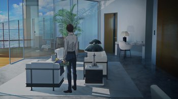 Movie still from “Mobile Suit Gundam: Hathaway” (2021), directed by Shûkô Murase – A man standing in a room with a plant in the middle of the room; Extreme Wide shot, High angle