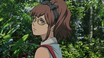 Movie still from “Mobile Suit Gundam: Hathaway” (2021), directed by Shûkô Murase – A woman with a ponytail wearing glasses and a white shirt; Close Up shot, Low angle