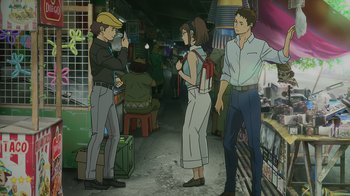 Movie still from “Mobile Suit Gundam: Hathaway” (2021), directed by Shûkô Murase – A group of people standing around in an alley way; Wide shot, High angle