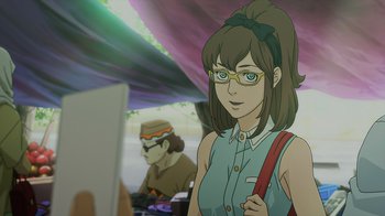Movie still from “Mobile Suit Gundam: Hathaway” (2021), directed by Shûkô Murase – An animated woman wearing glasses and holding a red bag; Close Up shot, Over the shoulder angle