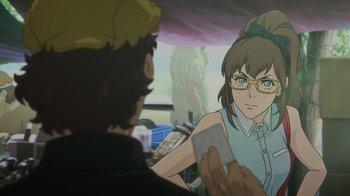 Movie still from “Mobile Suit Gundam: Hathaway” (2021), directed by Shûkô Murase – An animated scene of a woman holding a cell phone; Close Up shot, Over the shoulder angle