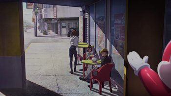 Movie still from “Mobile Suit Gundam: Hathaway” (2021), directed by Shûkô Murase – Three people sitting at a table outside of a restaurant; Wide shot, High angle