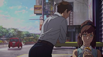 Movie still from “Mobile Suit Gundam: Hathaway” (2021), directed by Shûkô Murase – An animated picture of a man leaning against a pole; Medium shot, Over the shoulder angle