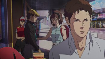 Movie still from “Mobile Suit Gundam: Hathaway” (2021), directed by Shûkô Murase – A group of people standing in front of each other; Close Up shot, Low angle