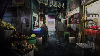Movie still from “Mobile Suit Gundam: Hathaway” (2021), directed by Shûkô Murase – People are sitting in an open air market area; Extreme Wide shot, High angle
