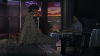 Movie still from “Mobile Suit Gundam: Hathaway” (2021), directed by Shûkô Murase – Two people sitting at a table in a room; Wide shot, High angle