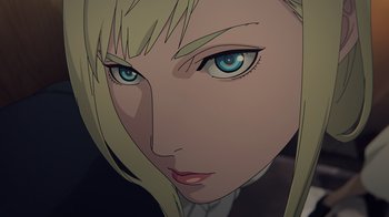 Movie still from “Mobile Suit Gundam: Hathaway” (2021), directed by Shûkô Murase – A woman's face with blue eyes; Extreme Close Up shot, Low angle