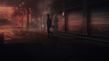 Movie still from “Mobile Suit Gundam: Hathaway” (2021), directed by Shûkô Murase – Two people walking down a street at night; Extreme Wide shot, High angle