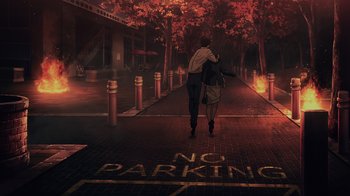 Movie still from “Mobile Suit Gundam: Hathaway” (2021), directed by Shûkô Murase – A man and a woman walking down a street; Extreme Wide shot, High angle